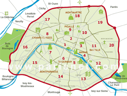Map of the arrondissements location in Paris