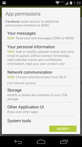 Permissions (not completed) of the facebook Android app